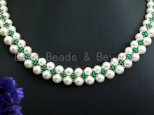 Load image into Gallery viewer, Green Cubic Zirconia&amp; Mother of pearl necklace and bracelet set, Pearl Jewelry set, Bridal Jewelry, Double Strand Statement Jewelry, SKU#P17