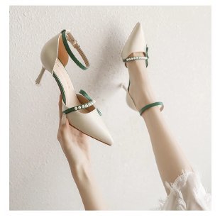 Women's Pointed-Toe Stiletto Pumps | Leather Strap Heels in Off-White & Emerald Green