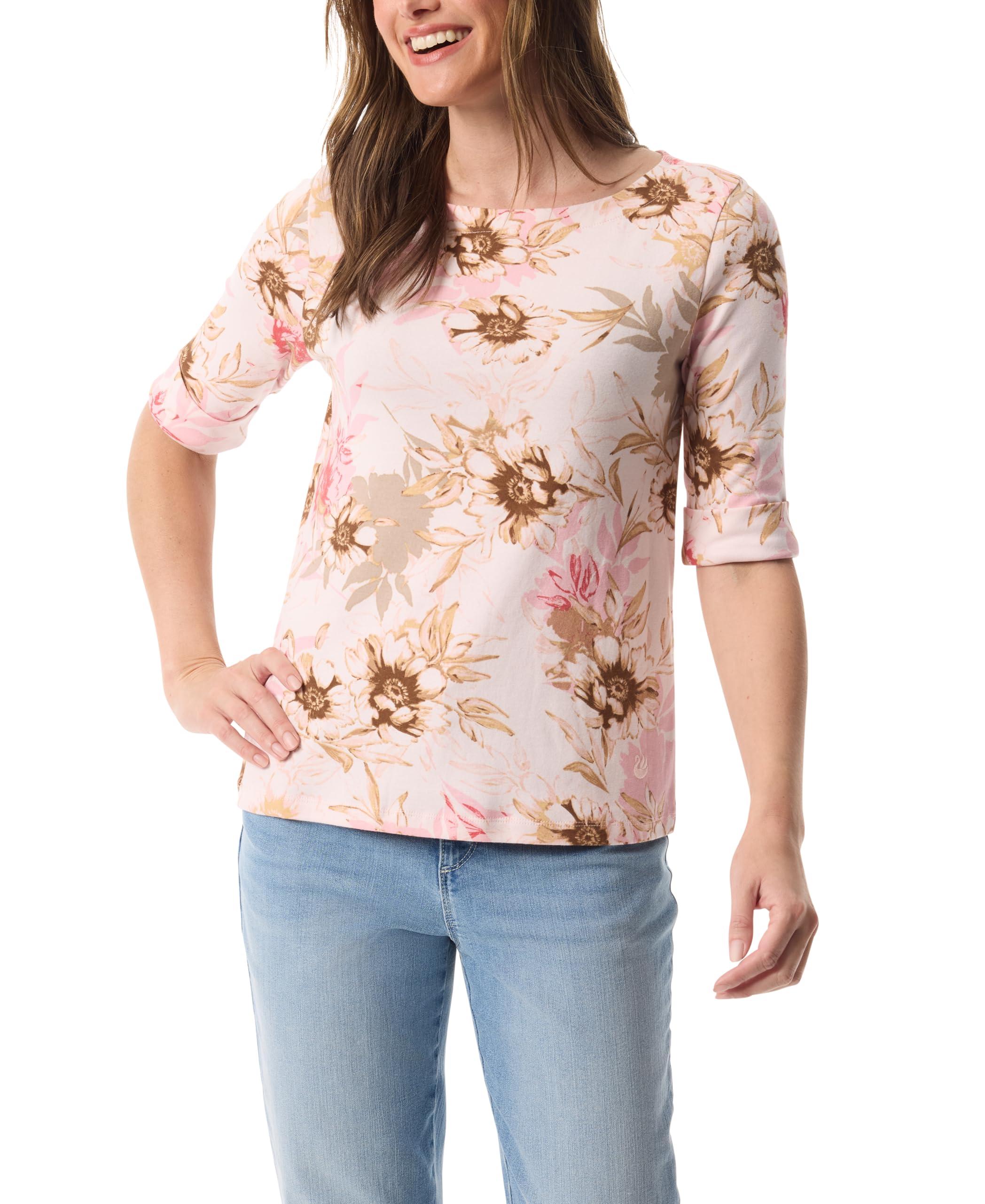 Gloria Vanderbilt Women's Alanis Boat Neck Knit Tee Shirt with Elbow Sleeves Standard