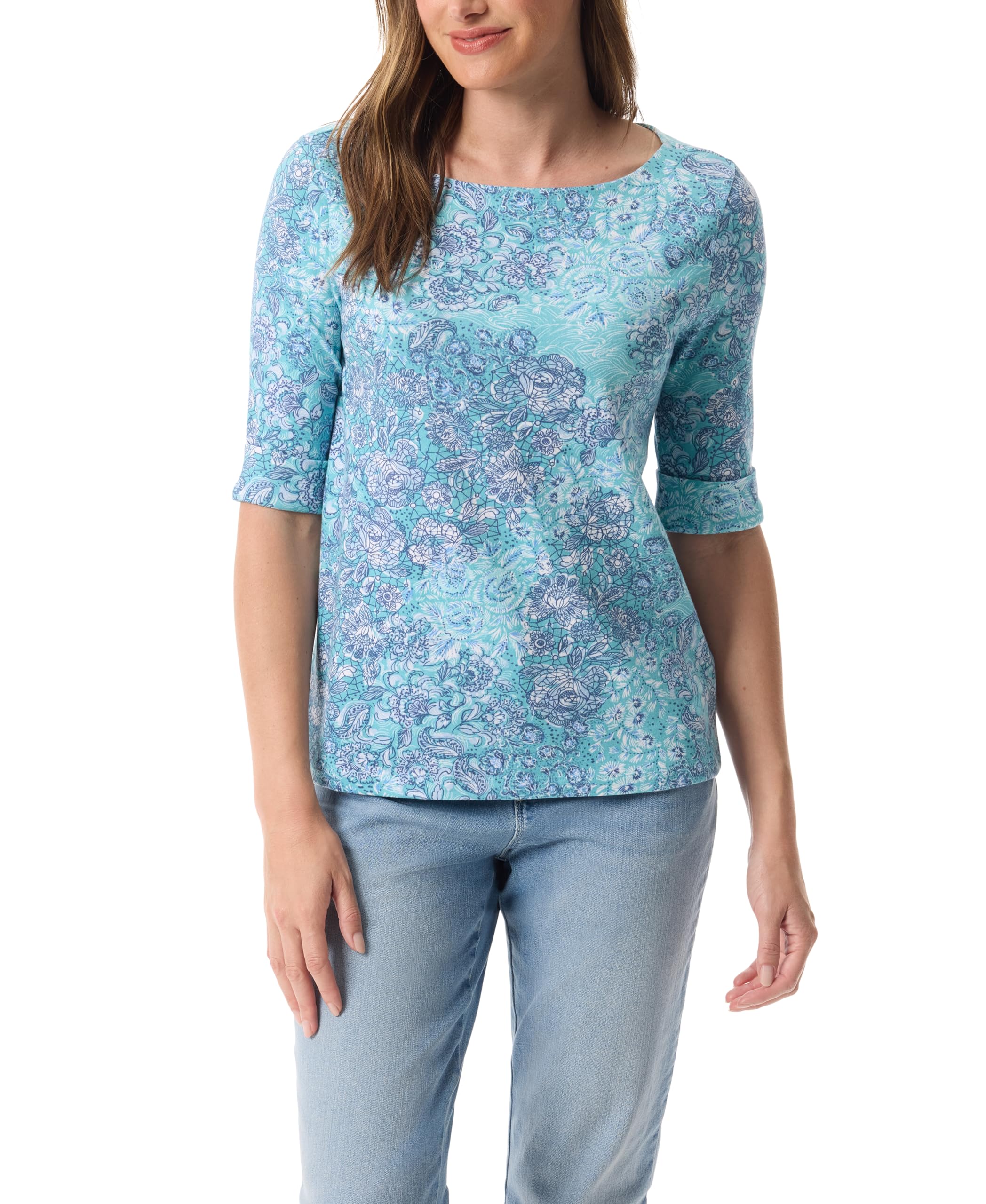 Gloria Vanderbilt Women's Alanis Boat Neck Knit Tee Shirt with Elbow Sleeves Standard
