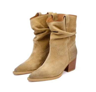 Women's Suede Pointed-Toe Chunky Heel Ankle Boots | Slip-On Mid-Calf Boots