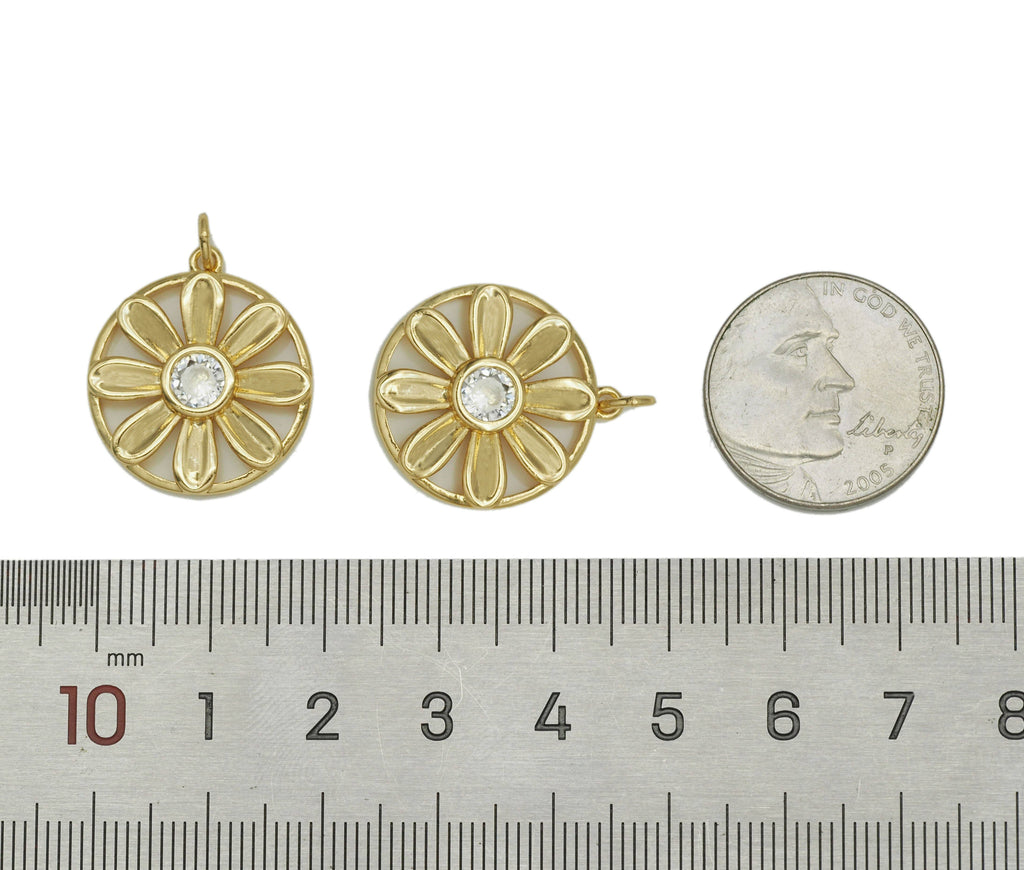CZ Sunflower On Round Coin Charm, Sku#L647