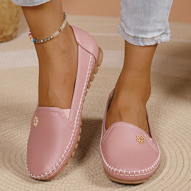 Women's Comfortable Flat Dress Shoes – Round Toe Slip-On PU Leather | Black Camel Pink Off-White