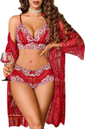 Avidlove Women 3 Piece Lingerie Set Lace Robe Bra Panty Mesh Sleepwear