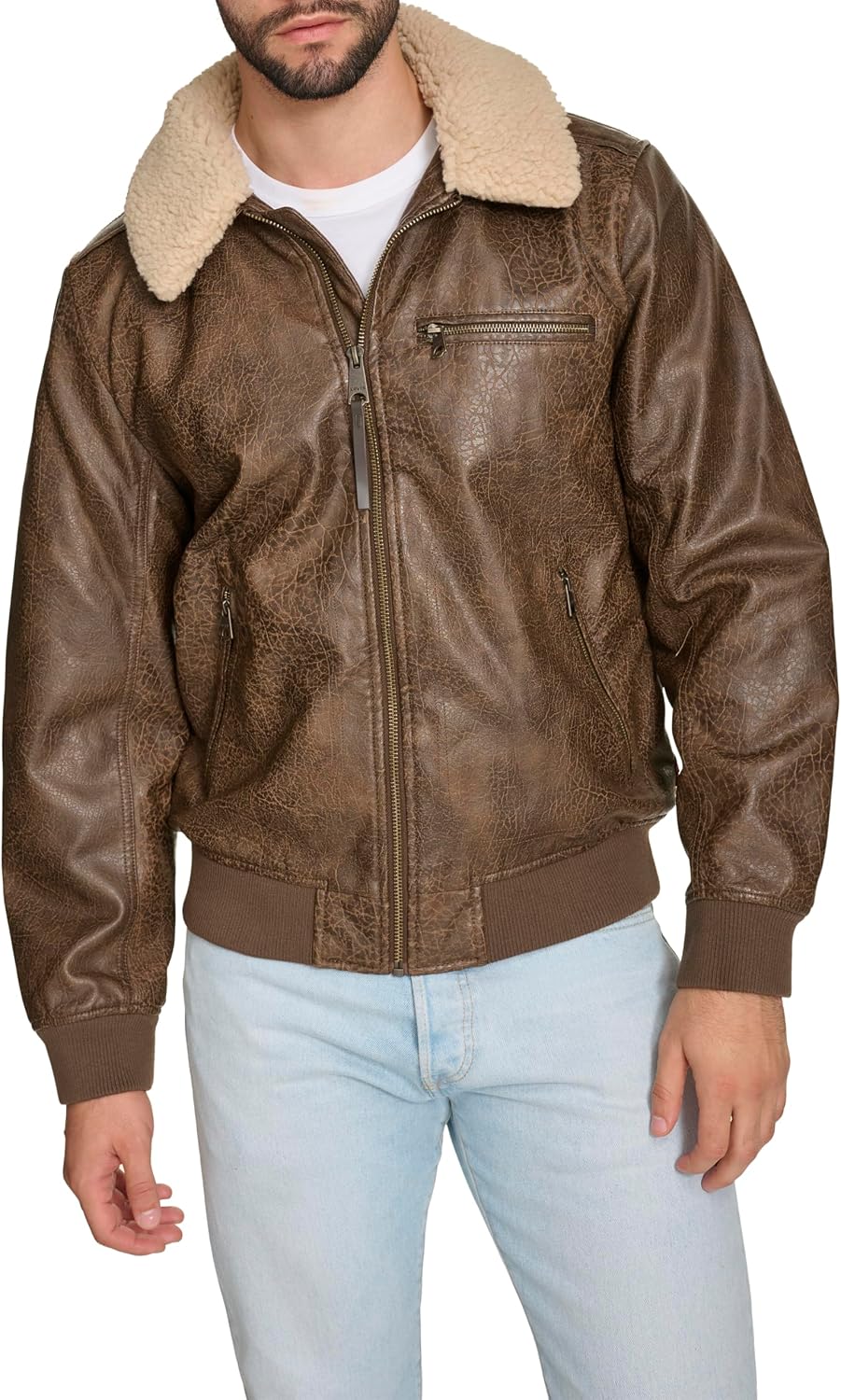 Levi's Men's Faux Leather Aviator Bomber Jacket With Sherpa Collar