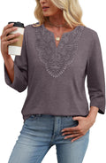 WIHOLL 3/4 Length Sleeve Womens Tops Boho V Neck Lace Shirt Trendy Blouses Dressy Casual Vacation Clothes S-3XL