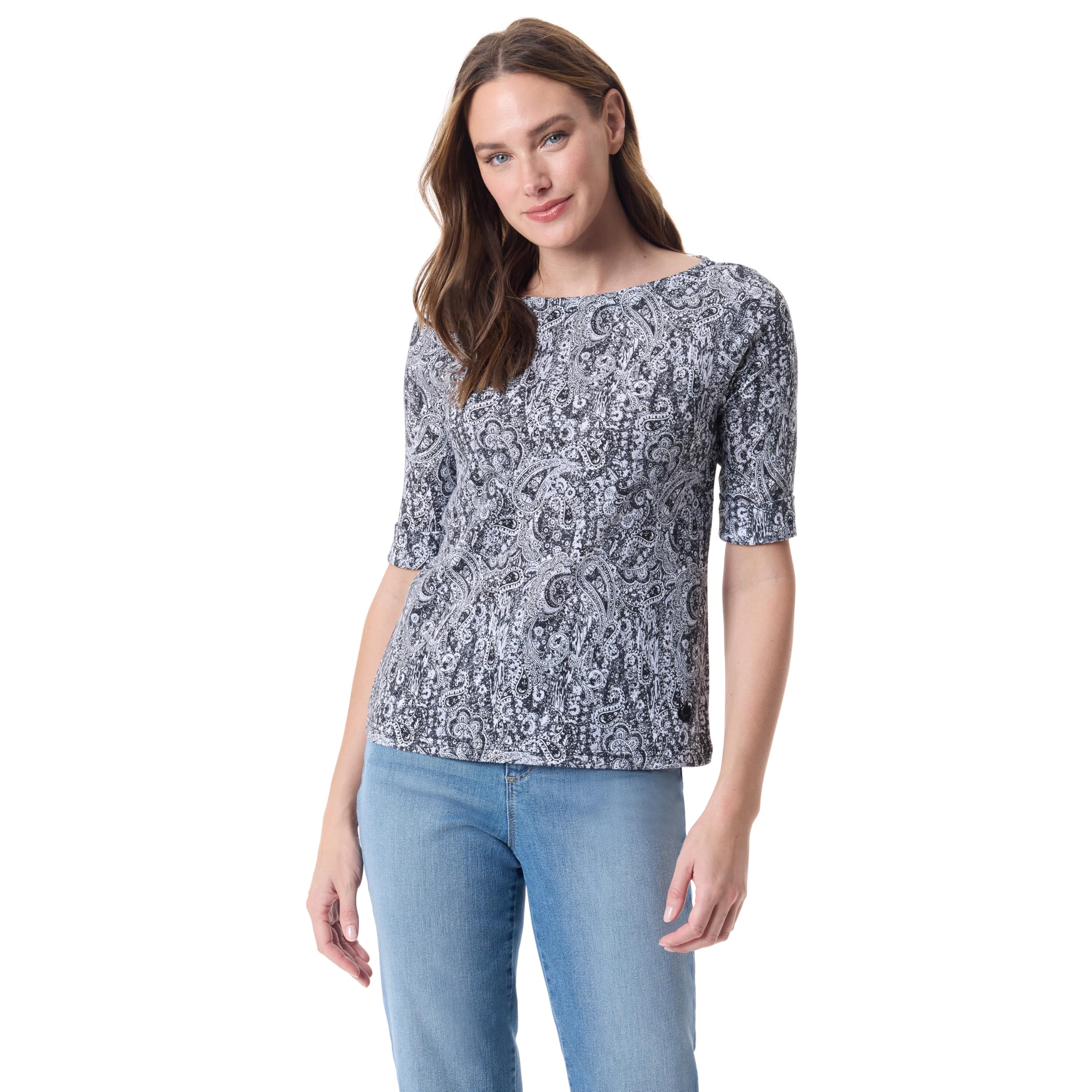 Gloria Vanderbilt Women's Alanis Boat Neck Knit Tee Shirt with Elbow Sleeves Standard