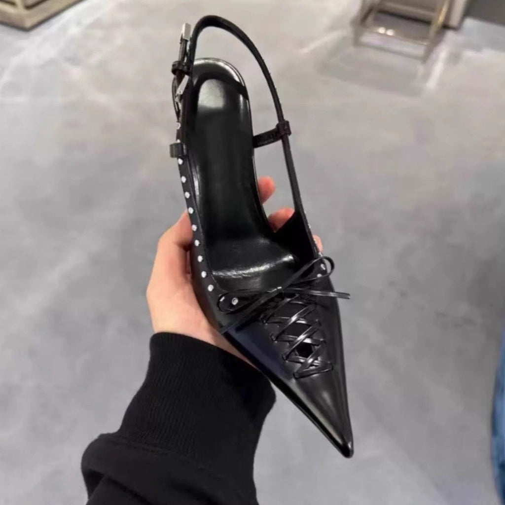 Women's Pointed-Toe Stiletto Heels | Rivet-Back Lace-Up High Heels | Black & White