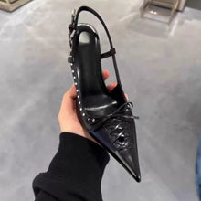 Load image into Gallery viewer, Women's Pointed-Toe Stiletto Heels | Rivet-Back Lace-Up High Heels | Black &amp; White