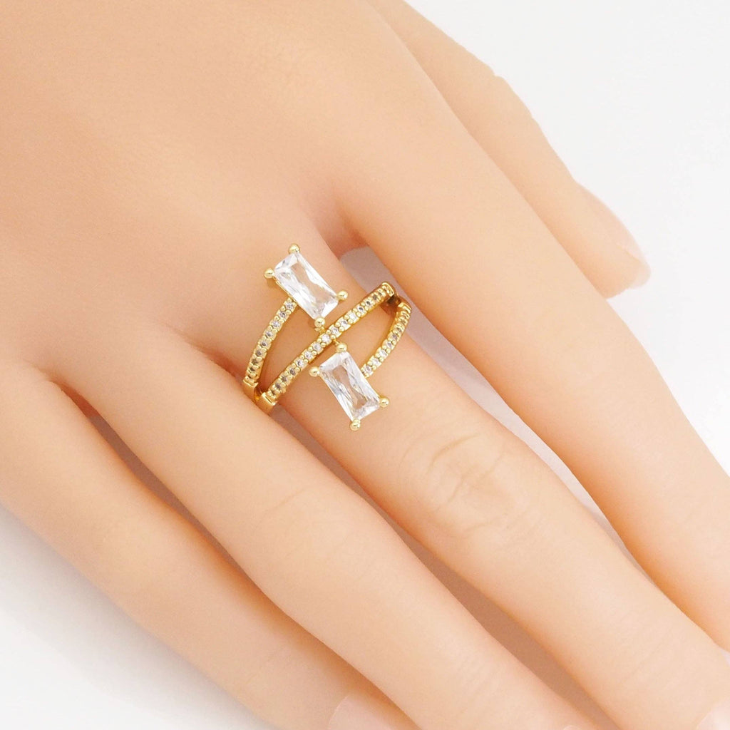 CZ Gold Silver Rectangle CZ Adjustable Ring, Sku#A146