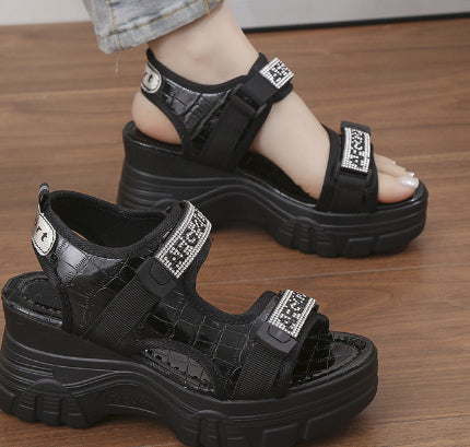 Women's Rhinestone Lettered Wedge Heel Sandals – Velcro Casual Platform Sandals in White & Black