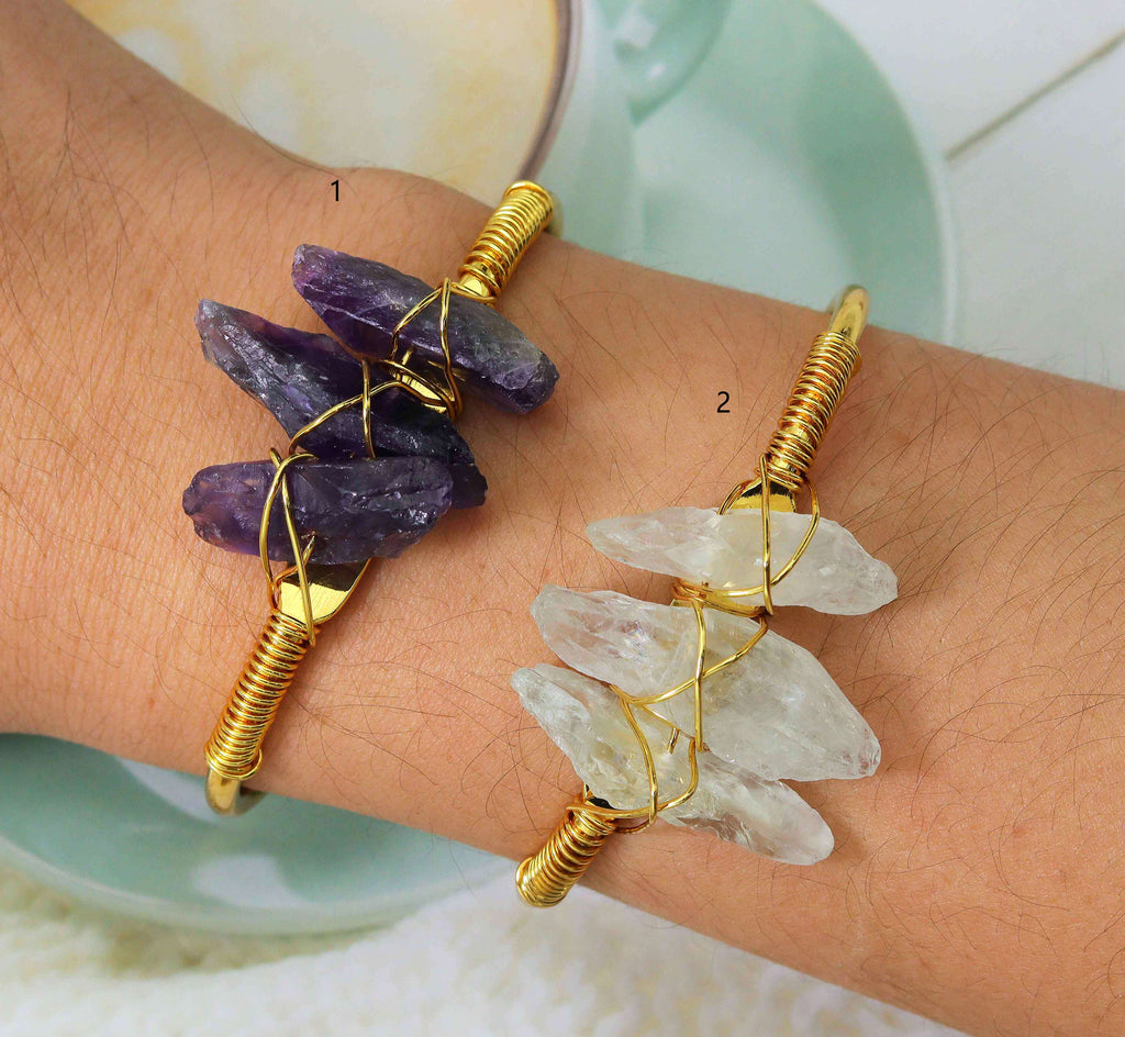 Amethyst Quartz Wire Wrapped Gold Cuff Bracelet, sku#LY05