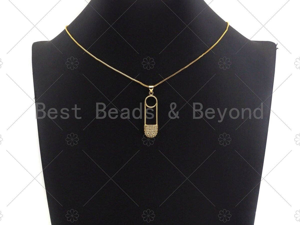 Clear CZ Micro Pave Safe Pin Shape Pendant, CZ Micro Pave Safe Pin pendant, Gold Pave pendant, 11x37mm, sku#LK17