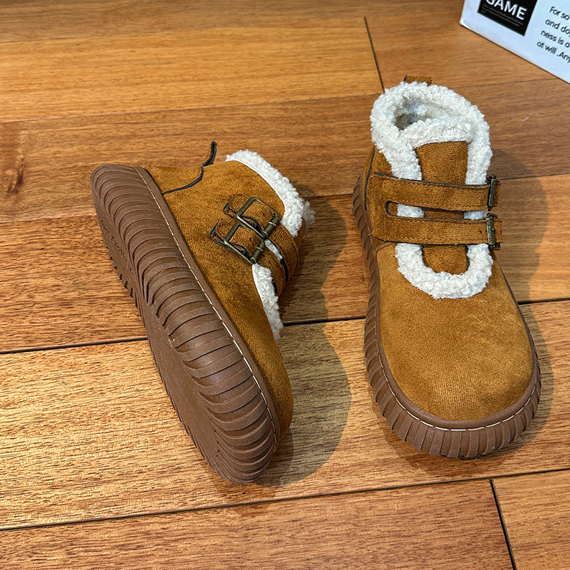 Women's Fleece Lined Snow Boots | Buckle Ankle Boots with Thick Sole | Beige & Brown
