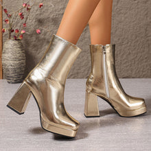 Load image into Gallery viewer, Women's Chunky Heel Square Toe Ankle Boots – Height Enhancing Slimming Design | Gold Silver Red Black
