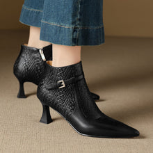 Load image into Gallery viewer, Women's Pointed Toe Chunky Heel Ankle Boots | Slip-On Leather Patchwork | Black &amp; Brown