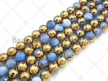 Load image into Gallery viewer, Half Gold Plated Blue Agate Beads, 8mm/10mm/12mm Round Faceted Gold Light Blue Beads, 15.5 Full Strand, sku# UA140