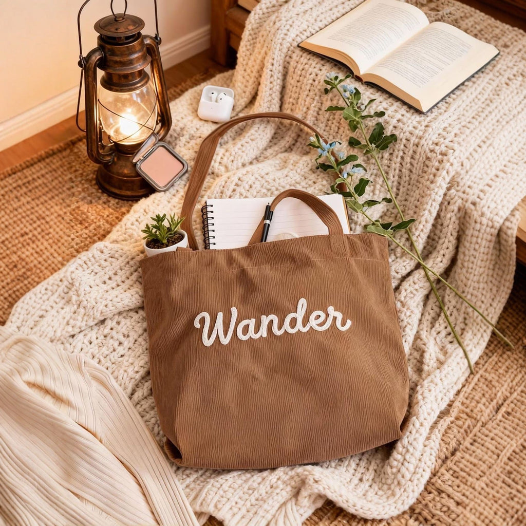 Women's Corduroy Handbag - Minimalist Casual Shoulder Bag with Embroidery