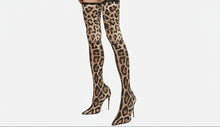 Load image into Gallery viewer, Women's Leopard Print Knee-High Stretch Boots – Pointed Toe High Heel, Ultra-Long Satin Upper