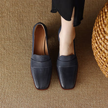 Load image into Gallery viewer, Women's Square Toe Chunky Heel Shoes – Sheepskin Upper, Retro Dress Heels in Blue &amp; Apricot