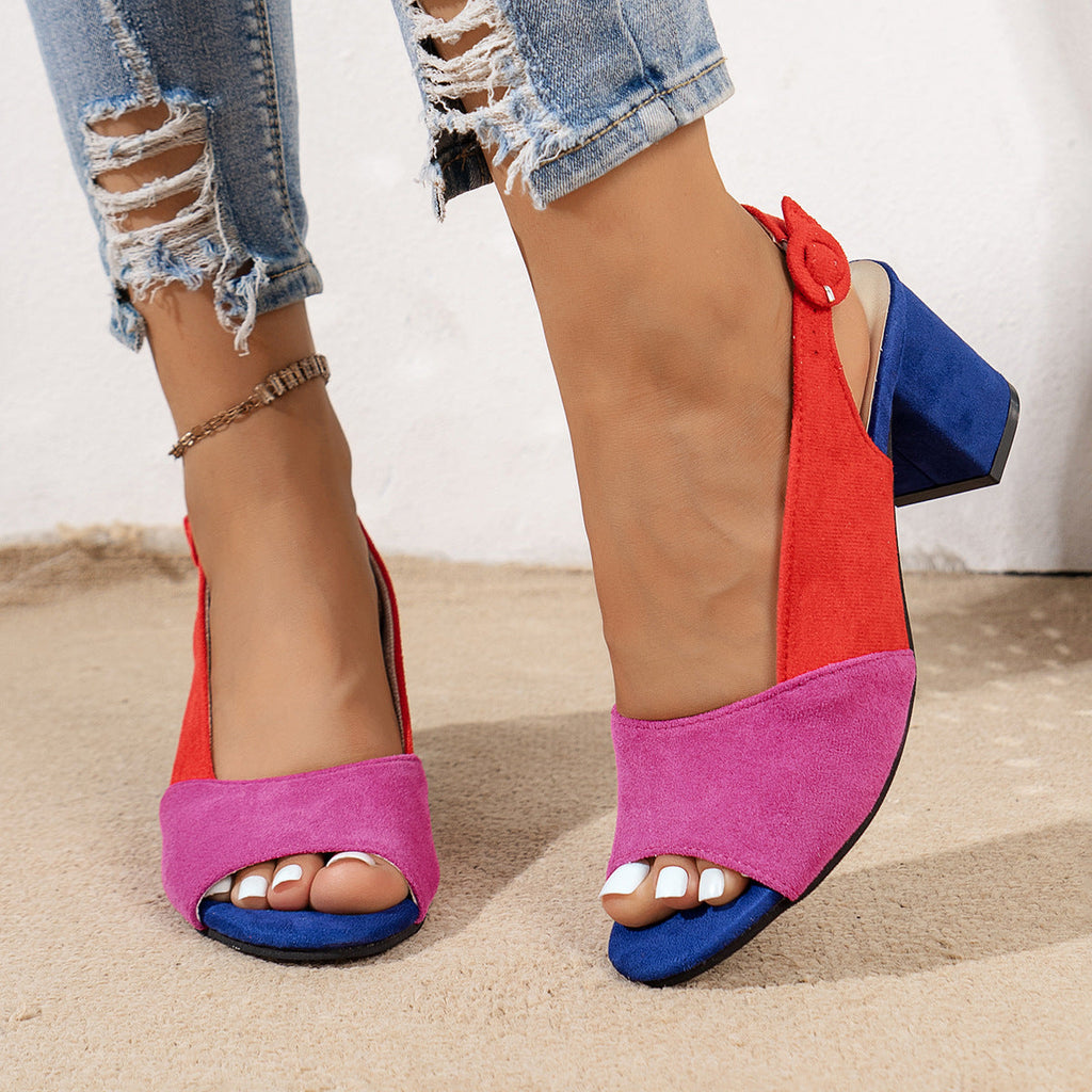 Women's Colorful Block Heel Sandals | Round Toe Suede Heels with Buckle Closure
