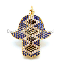 Load image into Gallery viewer, CZ Micro Pave Cobalt Hamsa Hand Pendant for Bracelet/Necklace, Cubic Zirconia Pendant/Charm, Jewelry Findings, 22x29mm,sku#F35