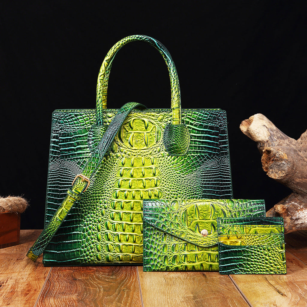 Women's Crocodile-Grain Crossbody Tote Bag Set - 3-Piece Premium PU Leather Handbag Collection
