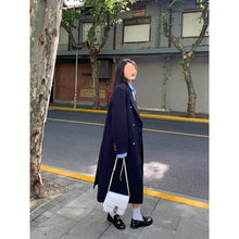 Load image into Gallery viewer, Navy Blue Womens Structured Wool Coat With A Refined Shoulder-Enhancing Design