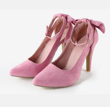 Load image into Gallery viewer, Women's Bow Pointed-Toe High Heels | Faux Leather Stiletto Sandals