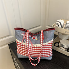 Load image into Gallery viewer, Korean Lace-Trim Color-Block Plaid Tote Bag