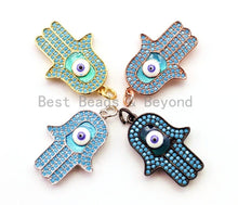 Load image into Gallery viewer, CZ Micro Pave Turquoise Hamsa Hand With Evil Eye Pendant/Charm,Cubic Zirconia Pendant,Fashion Jewelry Findings, 18x28mm, sku#F18