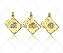 Load image into Gallery viewer, CZ Micro Pave Love Heart On Rectangle Shape Pendant/Charm,18K Dainty Gold Medallion Charm, Necklace Bracelet Charm,17x20mm, Sku#LK254