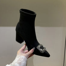 Load image into Gallery viewer, Women's Pointed-Toe Chunky Heel Ankle Boots | Suede Slip-On Block Heel Booties