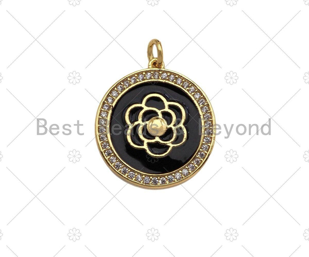 Colorful Enamel Pave Rose Flower On Round Coin Pendant/Charm, Sku#L439