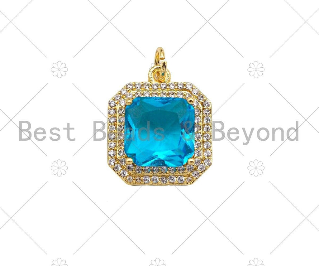 Gold Filled Big CZ Micro Pave Square Shape Pendant,18K Gold Filled Clear/Blue CZ Charm, Necklace Bracelet Charm Pendant,15x18mm,Sku#LK328