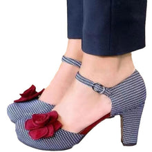 Load image into Gallery viewer, Women's Red Camellia Lattice Hollow Sandals - Round Toe Single Strap Buckle Heels
