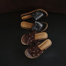 Load image into Gallery viewer, Women's Studded Leather Slide Sandals | Open Toe Flat Mules