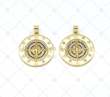 Load image into Gallery viewer, CZ Micro Pave Compass On Round Coin Shape Pendant, 18K gold Filled Medallion Charm, Necklace Bracelet Charm, Sku#LK531