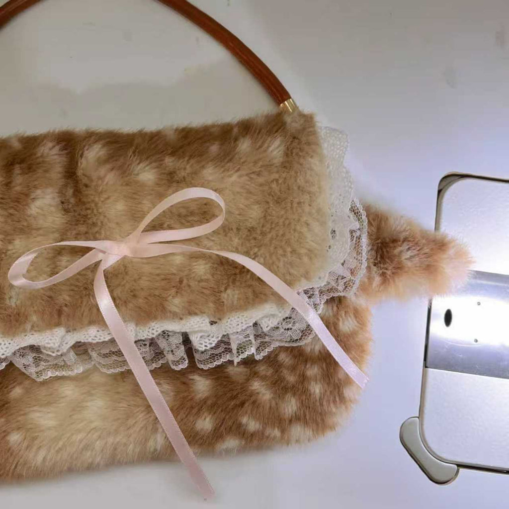 Women's Plush Bow-Tie Tote Underarm Bag – Fluffy Fawn Crossbody Handbag