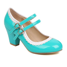 Load image into Gallery viewer, Women's Patent Leather Chunky Heel Mules – Candy Color Round Toe Buckle High Heels