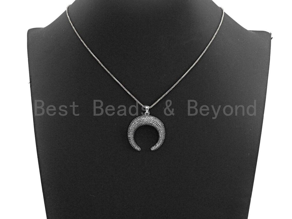 CZ Micro Pave OX Horn Shape Pendant, Antique Silver Tone, Cubic Zirconia Pave Crescent Charm Pendant, 32x35mm,sku#F1028