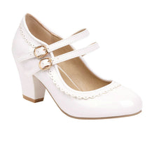 Load image into Gallery viewer, Women's Patent Leather Chunky Heel Mules – Candy Color Round Toe Buckle High Heels