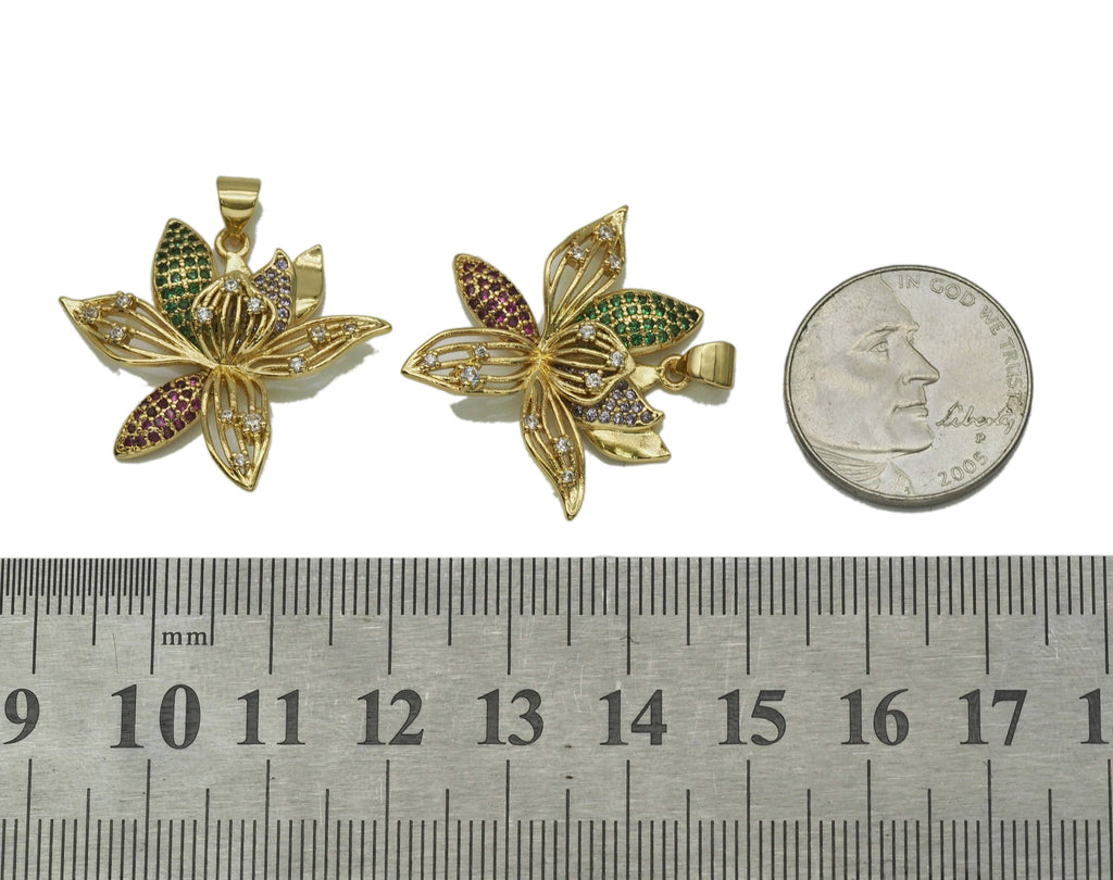Gold Colorful CZ Lotus Flower Charm, Sku#LK688