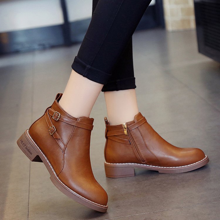 Women's Low Heel Buckle Ankle Boots – PU Leather Side Zipper Round Toe Winter Boots