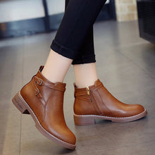 Load image into Gallery viewer, Women's Low Heel Buckle Ankle Boots – PU Leather Side Zipper Round Toe Winter Boots