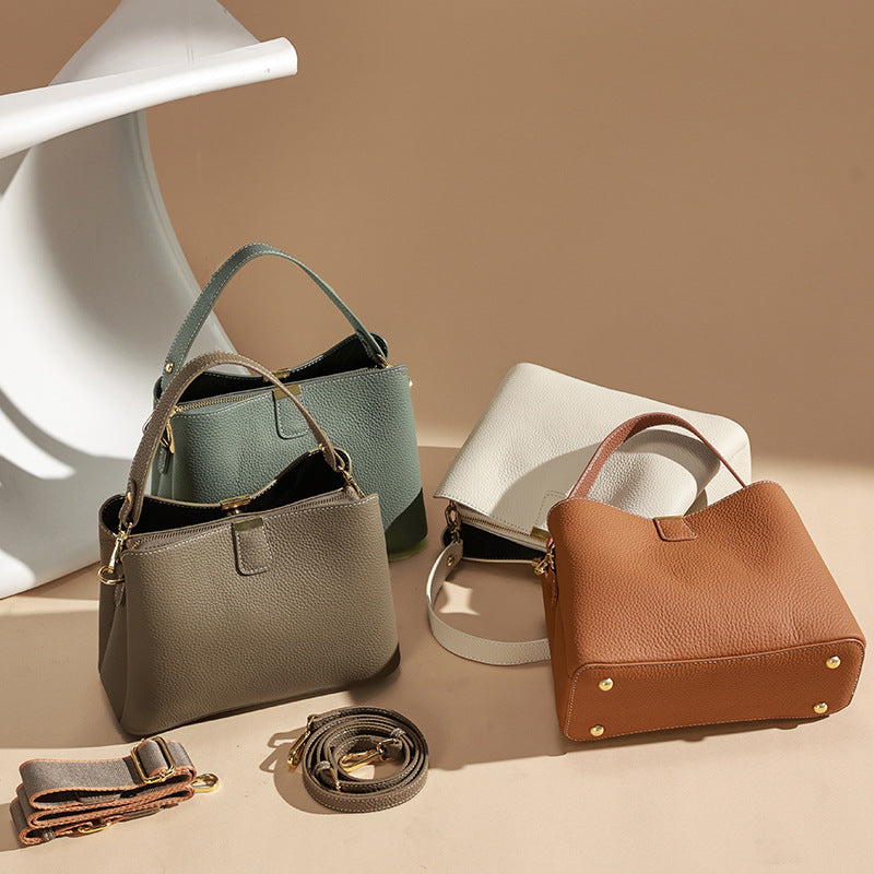Women's Genuine Leather Bucket Tote Bag – Spacious Everyday Shoulder Bag