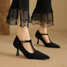 Load image into Gallery viewer, Elegant T-Strap Pointed Toe Stacked Heel Pumps