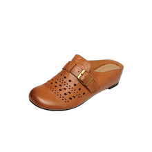 Load image into Gallery viewer, Women's Perforated Cowhide Buckle Mules | Round Toe Flat Backless Slides