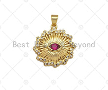 Load image into Gallery viewer, Fuchsia CZ Micro Pave 18k Gold Evil Eye On Sunflower Pendant, Cubic Zirconia Medallion Pendant,CZ Micro Pave Pendant,22x23mm, Sku#LK212