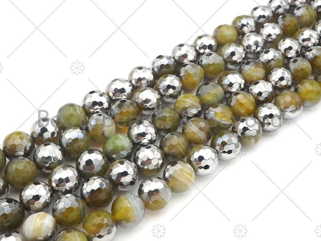 Natural Half Silver Plated Olive Green Agate Beads, 8mm/10mm/12mm Round Faceted Agate Beads, 15.5 Full Strand, sku# UA121